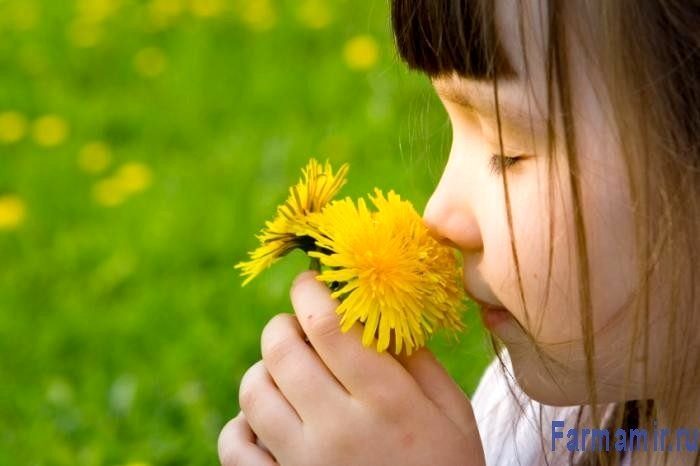 ребенок нюхает цветы